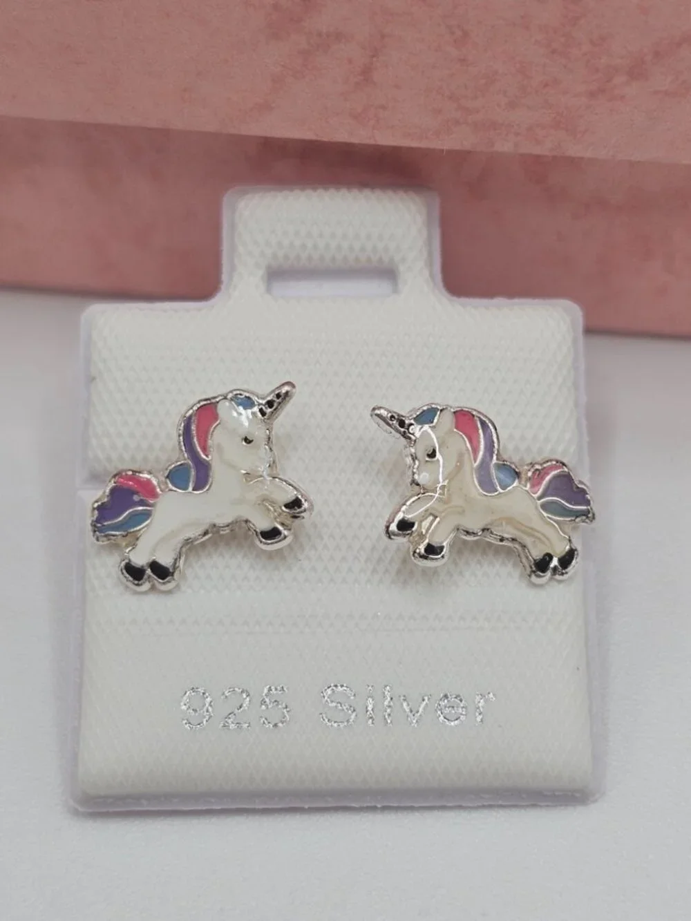 Sterling Silver 925 High Polished Enamel Jumping Unicorn Screw Stud Earrings